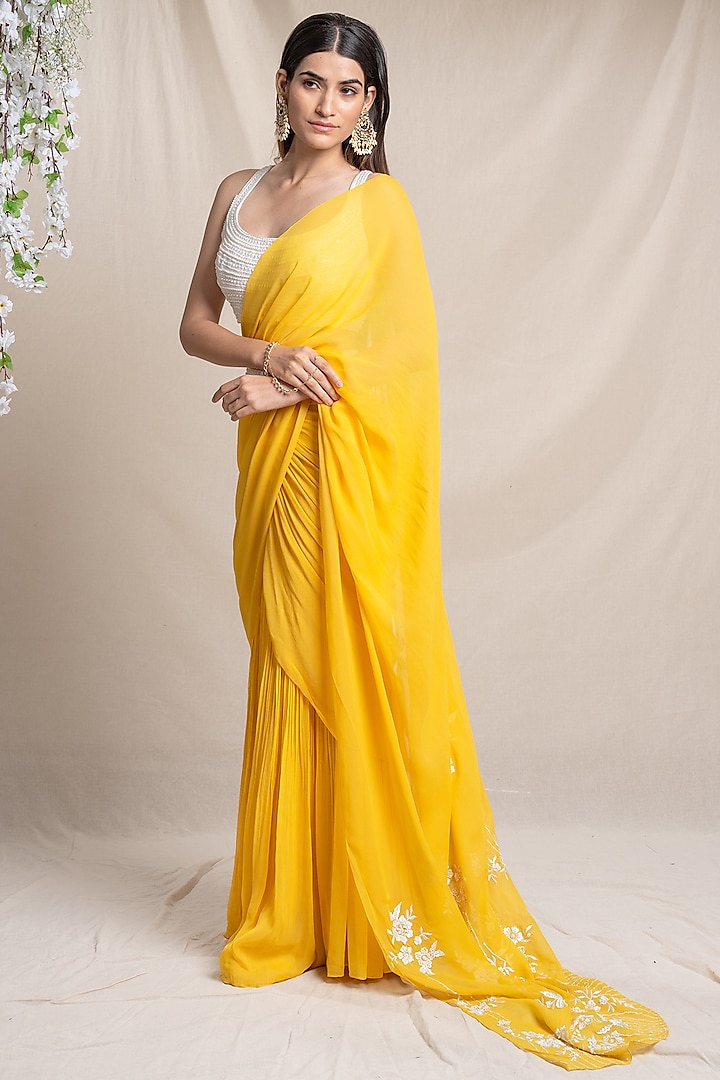 Yellow Georgette Embroidered Pre-Draped Saree Set by Sanjev Marwaaha