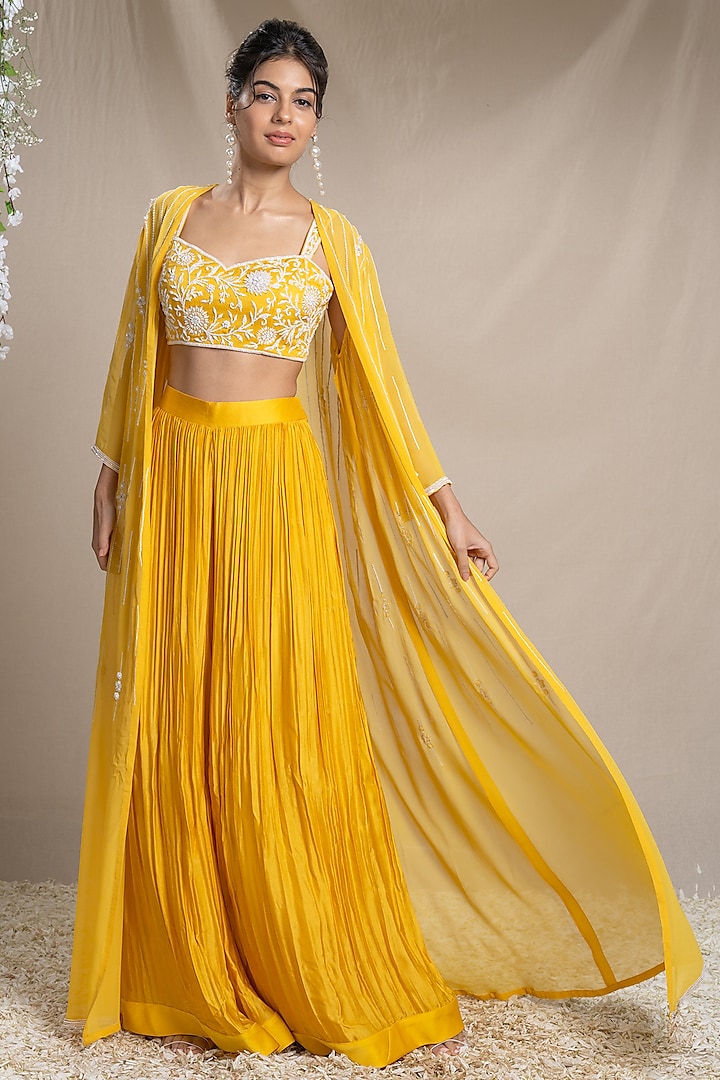 Yellow Georgette Embroidered Cape Set by Sanjev Marwaaha