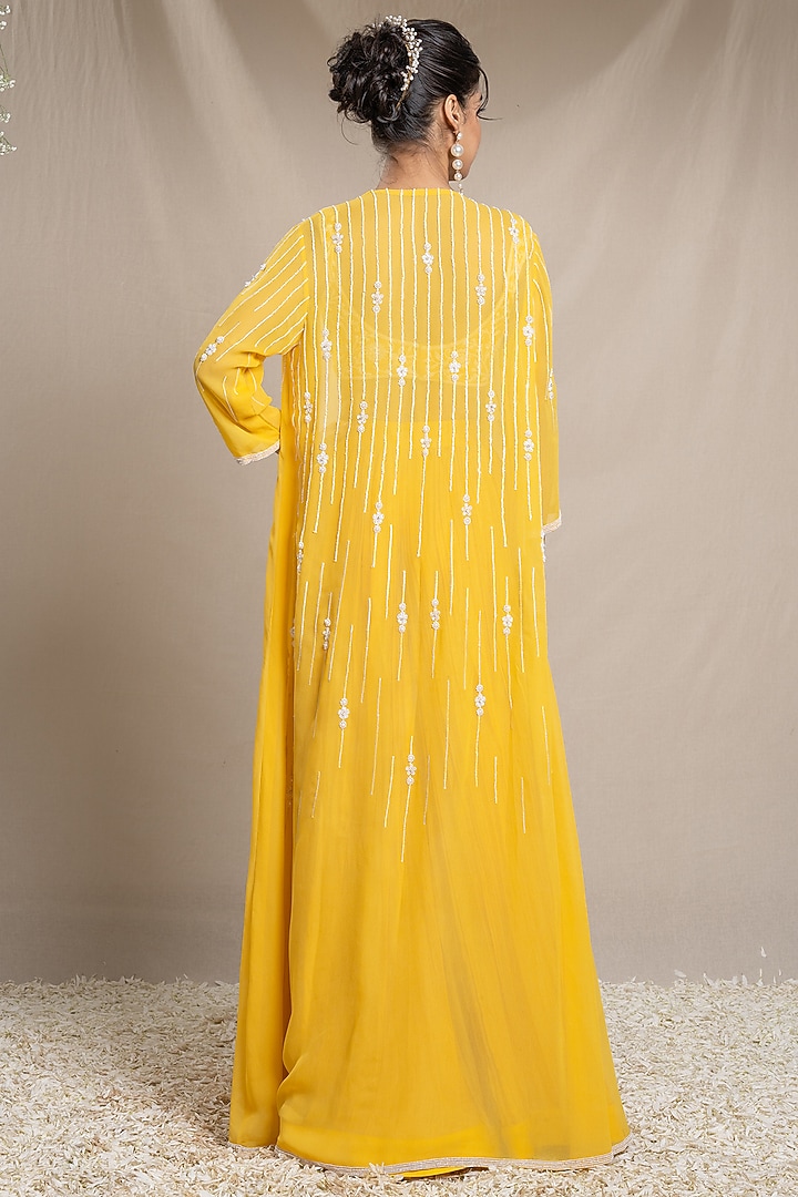 Yellow Georgette Embroidered Cape Set by Sanjev Marwaaha at Pernia's Pop Up Shop