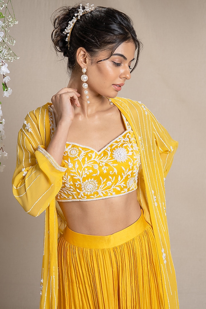 Yellow Georgette Embroidered Cape Set by Sanjev Marwaaha at Pernia's Pop Up Shop