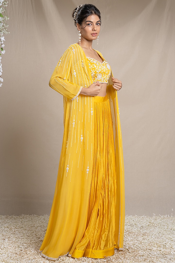 Yellow Georgette Embroidered Cape Set by Sanjev Marwaaha at Pernia's Pop Up Shop