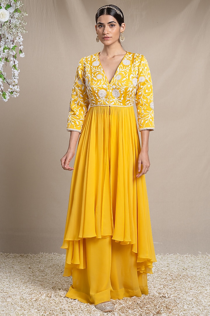 Yellow Modal & Georgette Embroidered Jacket Set by Sanjev Marwaaha