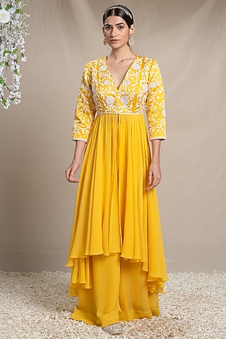 Yellow Modal & Georgette Embroidered Jacket Set by Sanjev Marwaaha