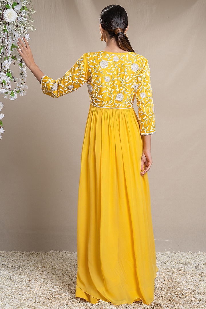 Yellow Modal & Georgette Embroidered Jacket Set by Sanjev Marwaaha at Pernia's Pop Up Shop