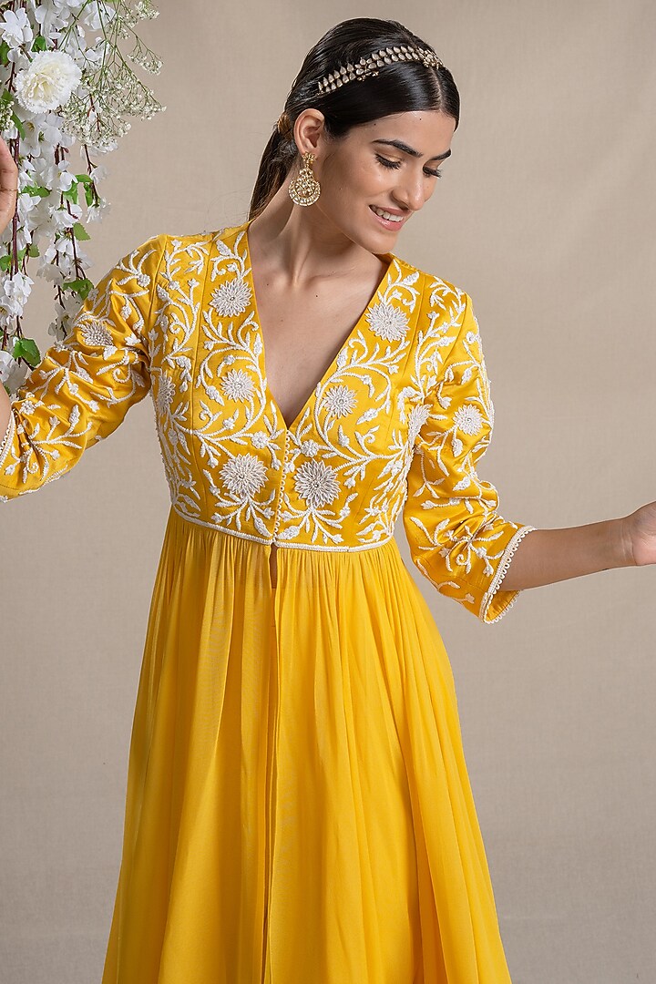 Yellow Modal & Georgette Embroidered Jacket Set by Sanjev Marwaaha at Pernia's Pop Up Shop