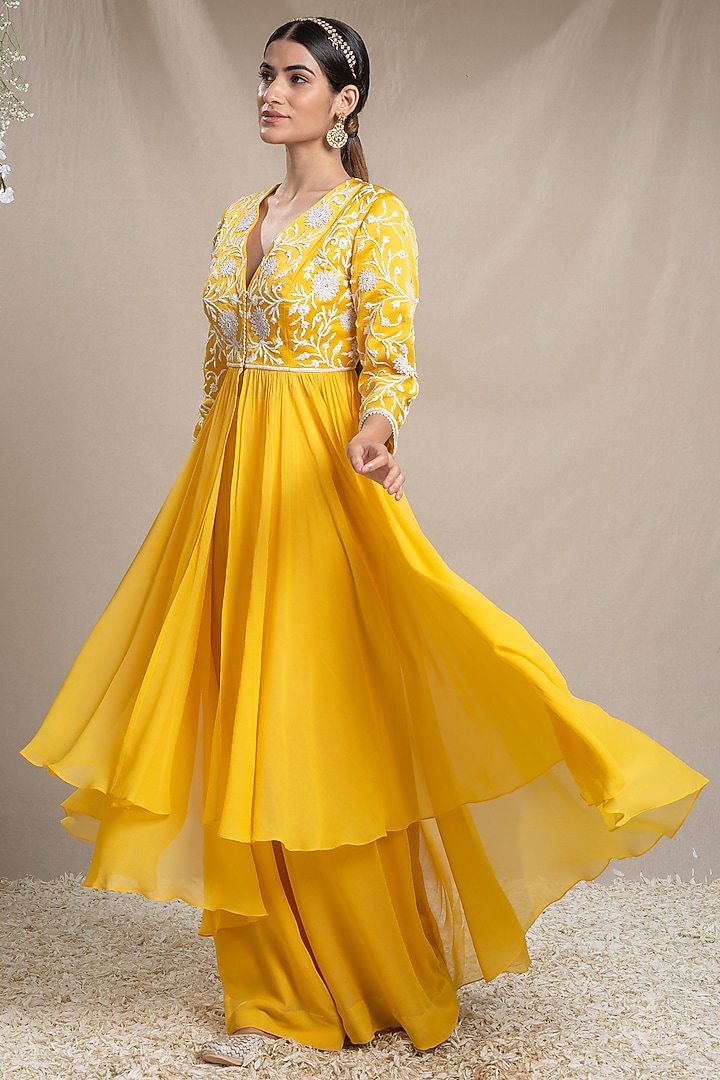 Yellow Modal & Georgette Embroidered Jacket Set by Sanjev Marwaaha at Pernia's Pop Up Shop