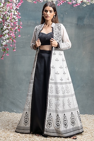 Ivory & Black Chanderi Printed & Embroidered Jacket Set by Sanjev Marwaaha