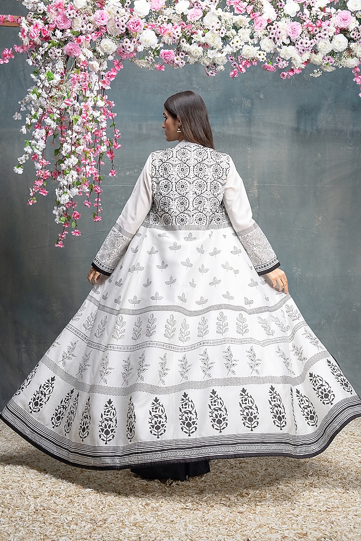 Ivory & Black Chanderi Printed & Embroidered Jacket Set by Sanjev Marwaaha at Pernia's Pop Up Shop