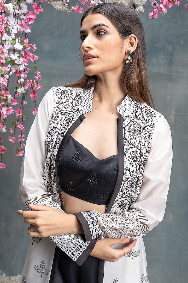 Ivory & Black Chanderi Printed & Embroidered Jacket Set by Sanjev Marwaaha at Pernia's Pop Up Shop