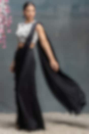 Black Modal Silk Pre-Draped Saree Set by Sanjev Marwaaha