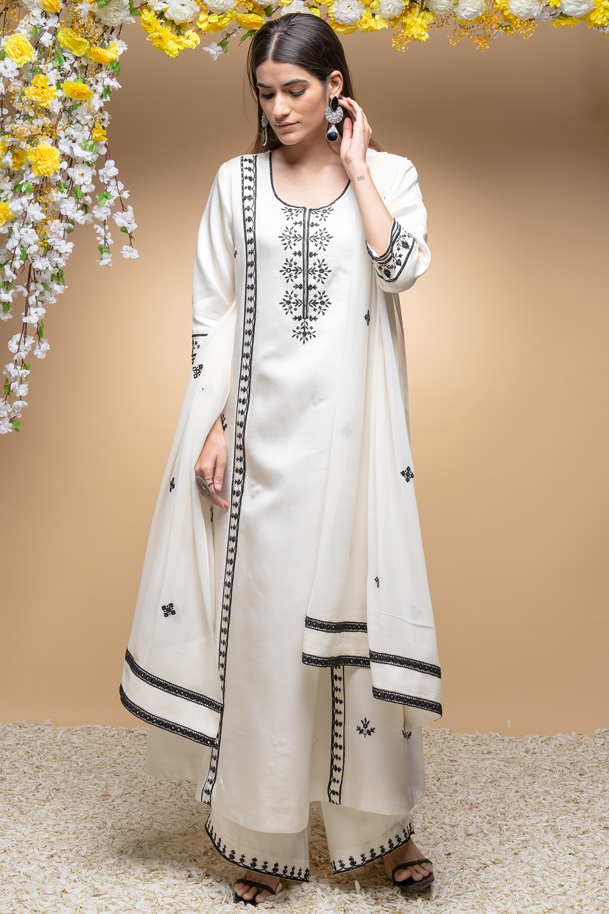 Ivory & Black Modal & Georgette Embroidered Kurta Set by Sanjev Marwaaha