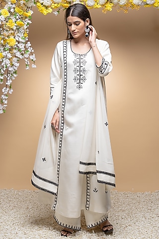 Ivory & Black Modal & Georgette Embroidered Kurta Set by Sanjev Marwaaha
