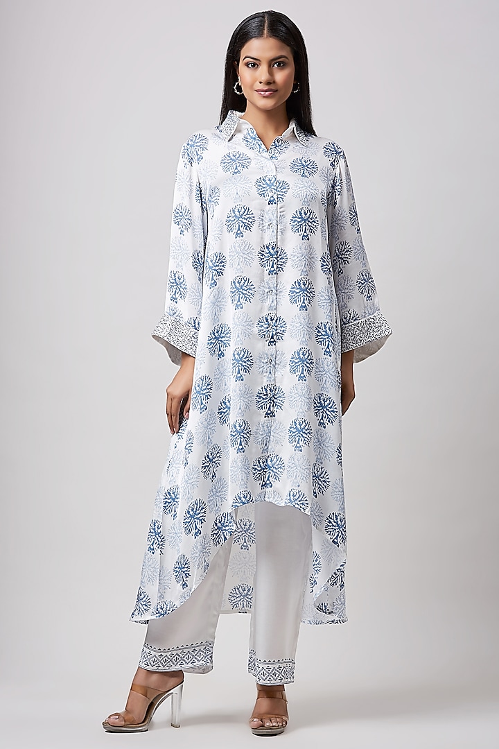 Ivory Modal Satin Hand Block Printed & Hand Embroidered Kurta Set by Sanjev Marwaaha at Pernia's Pop Up Shop