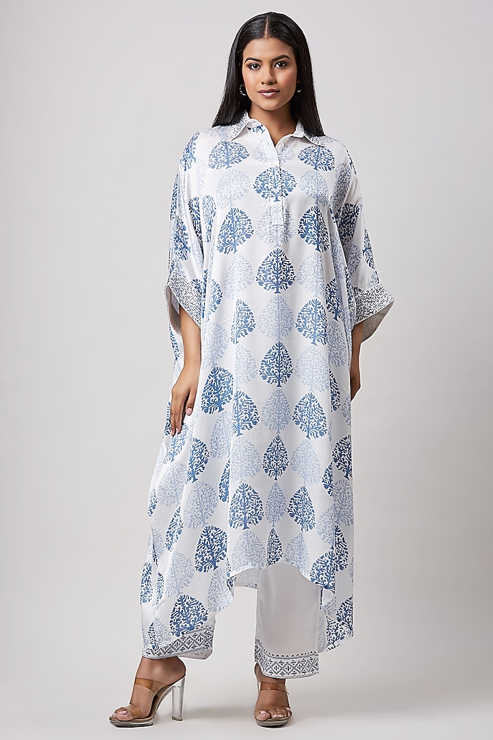 Ivory Modal Satin Hand Block Printed & Hand Embroidered Kaftan Set by Sanjev Marwaaha at Pernia's Pop Up Shop