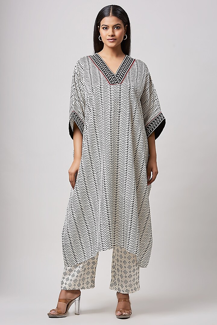 Ivory Mini Silk Hand Block Printed & Hand Embroidered Kaftan Set by Sanjev Marwaaha at Pernia's Pop Up Shop