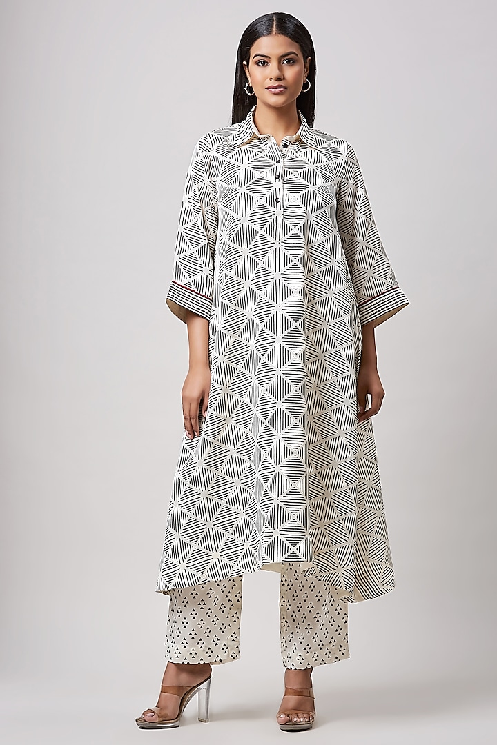 Ivory Mini Silk Hand Block Printed & Embroidered Co-Ord Set by Sanjev Marwaaha at Pernia's Pop Up Shop