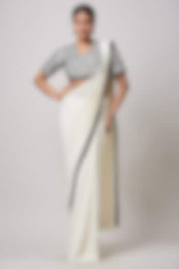 Ivory Georgette Pre-Draped Saree Set by Sanjev Marwaaha at Pernia's Pop Up Shop