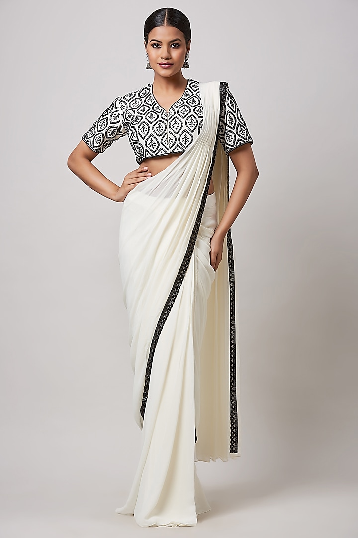 Ivory Georgette Pre-Draped Saree Set by Sanjev Marwaaha at Pernia's Pop Up Shop