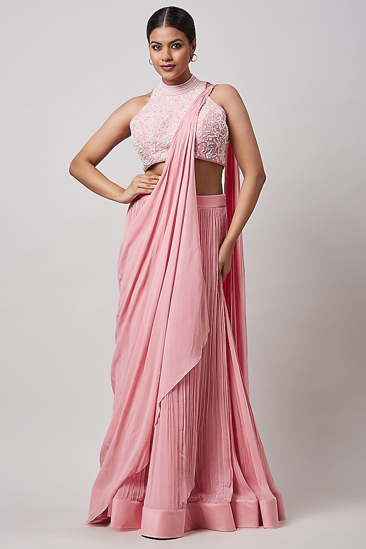 Pink Georgette Pre-Draped Saree Set by Sanjev Marwaaha