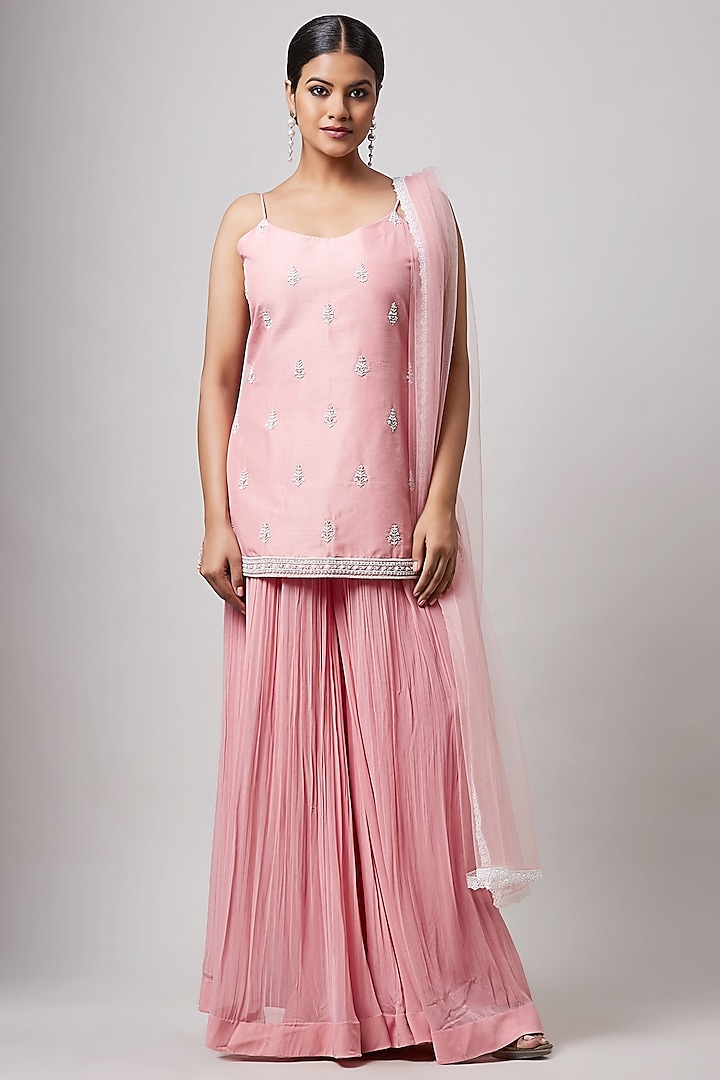 Pink Blended Silk & Georgette Sharara Set by Sanjev Marwaaha at Pernia's Pop Up Shop