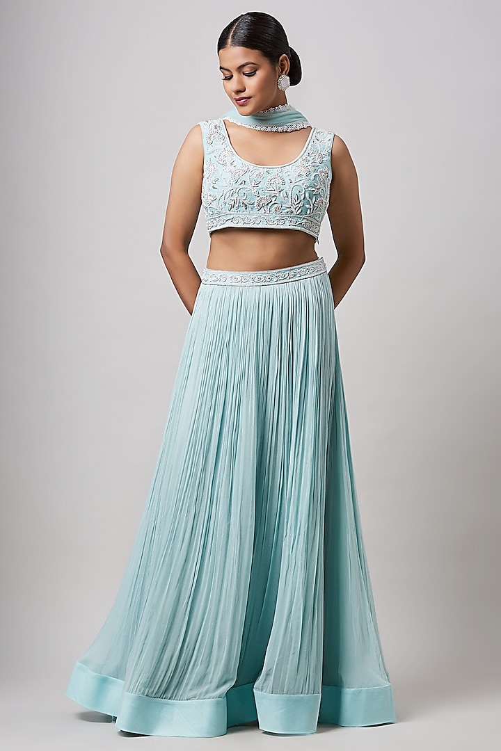 Sea Green Crushed Georgette Crushed Wedding Lehenga Set by Sanjev Marwaaha at Pernia's Pop Up Shop