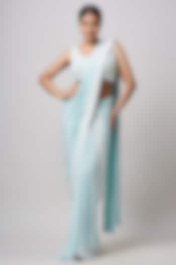 Sea Green Georgette Pre-Draped Saree Set by Sanjev Marwaaha at Pernia's Pop Up Shop