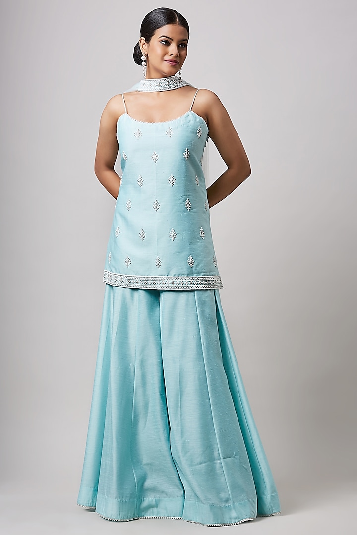 Sea Green Blended Soft Silk Sharara Set by Sanjev Marwaaha at Pernia's Pop Up Shop