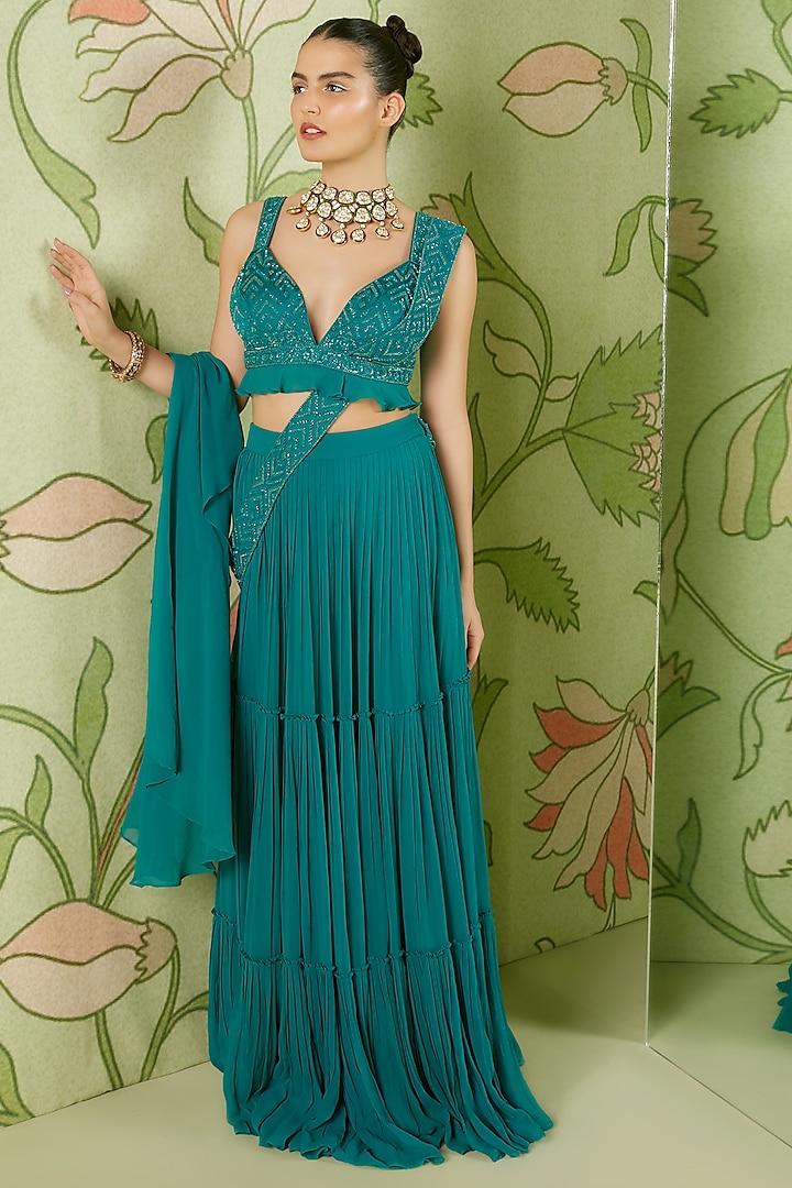 Viridian Green Embroidered Concept Saree Set by Sanjev Marwaaha