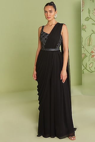Black Georgette Sequins Embroidered Jumpsuit Saree Set by Sanjev Marwaaha