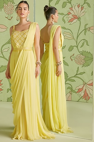 Daffodil Yellow Georgette Sequins Embroidered Jumpsuit Saree Set by Sanjev Marwaaha