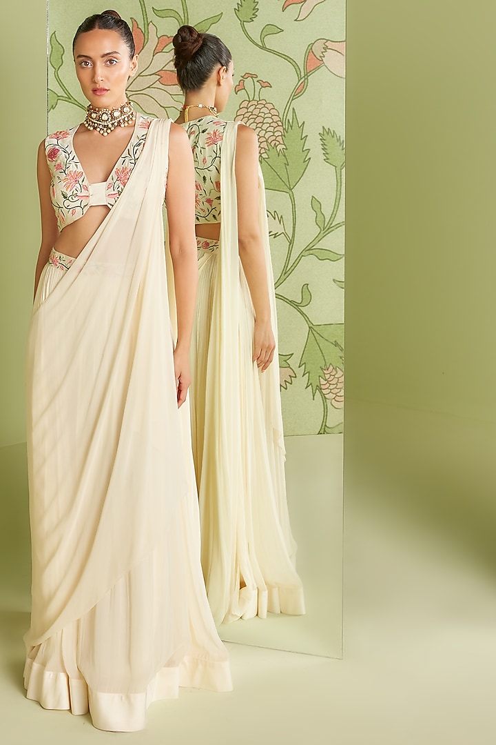 Ivory Embroidered Pre-Draped Saree Set by Sanjev Marwaaha