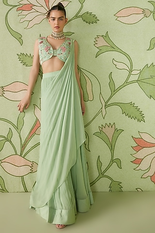 Sage Green Embroidered Pre-Draped Saree Set by Sanjev Marwaaha