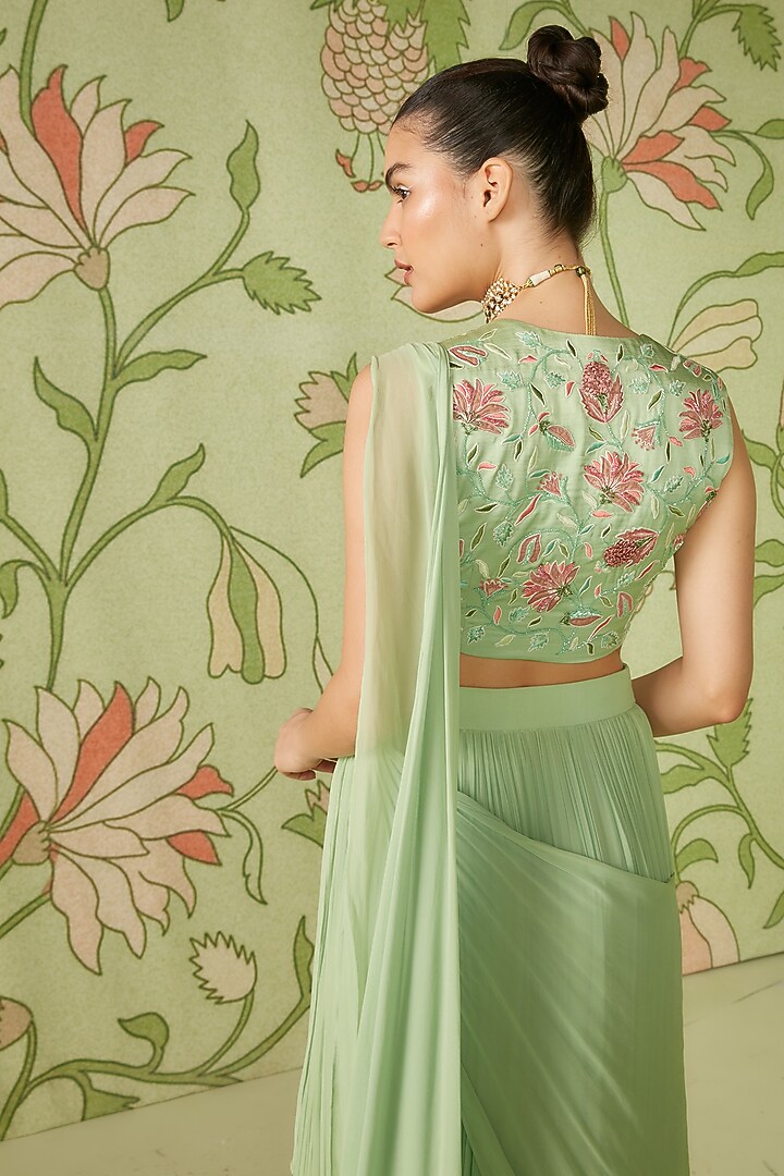 Sage Green Embroidered Pre-Draped Wedding Saree Set by Sanjev Marwaaha at Pernia's Pop Up Shop