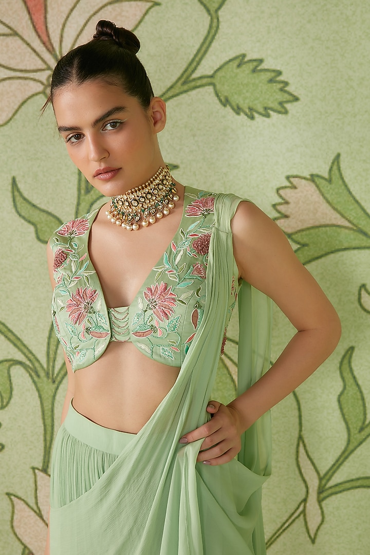 Sage Green Embroidered Pre-Draped Wedding Saree Set by Sanjev Marwaaha at Pernia's Pop Up Shop