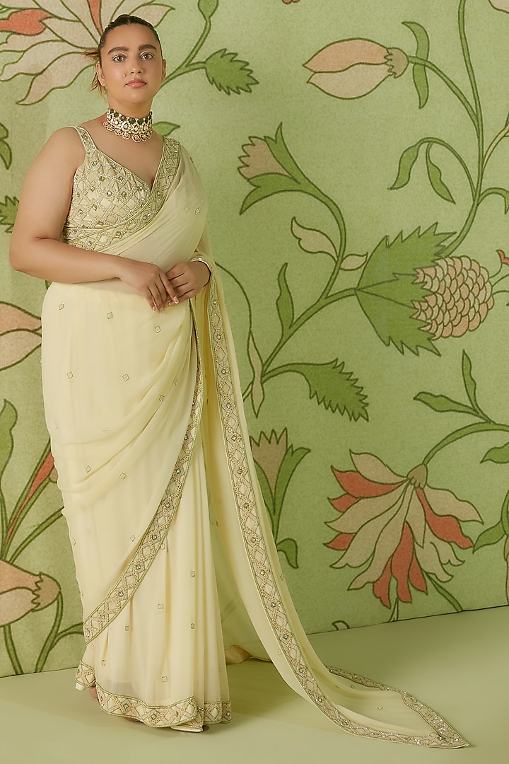 Ivory Georgette Saree Set by Sanjev Marwaaha