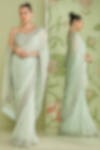 Mint Green Georgette Saree Set by Sanjev Marwaaha