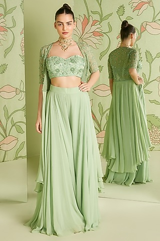 Sage Green Embroidered Jacket Set by Sanjev Marwaaha