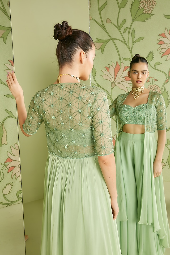 Sage Green Embroidered Jacket Set by Sanjev Marwaaha at Pernia's Pop Up Shop