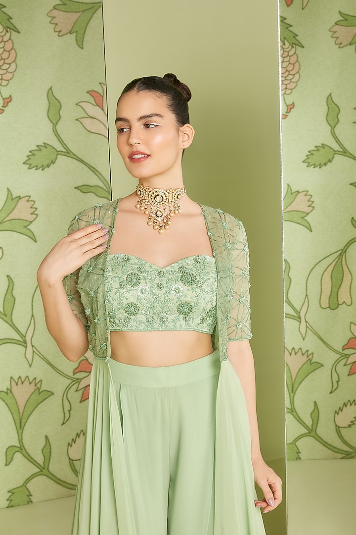 Sage Green Embroidered Jacket Set by Sanjev Marwaaha at Pernia's Pop Up Shop
