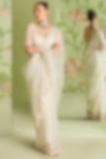Ivory Organza Saree Set by Sanjev Marwaaha