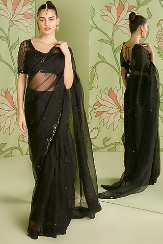 Black Organza Saree Set by Sanjev Marwaaha