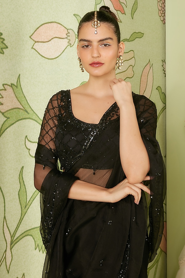 Black Organza Reception Saree Set by Sanjev Marwaaha at Pernia's Pop Up Shop