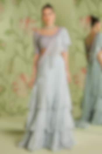 Grey Ruffled Pre-Draped Saree Set by Sanjev Marwaaha