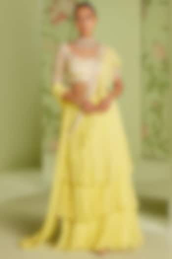 Daffodil Yellow Georgette Ruffled Pre-Draped Saree Set by Sanjev Marwaaha