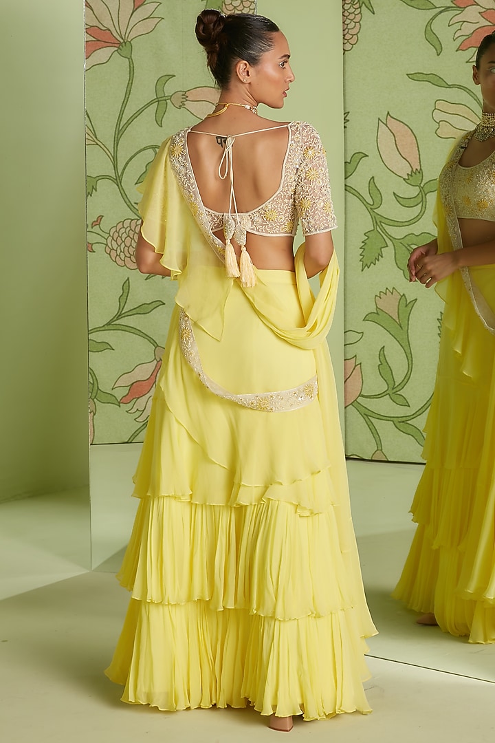 Daffodil Yellow Georgette Ruffled Pre-Draped Wedding Saree Set by Sanjev Marwaaha at Pernia's Pop Up Shop