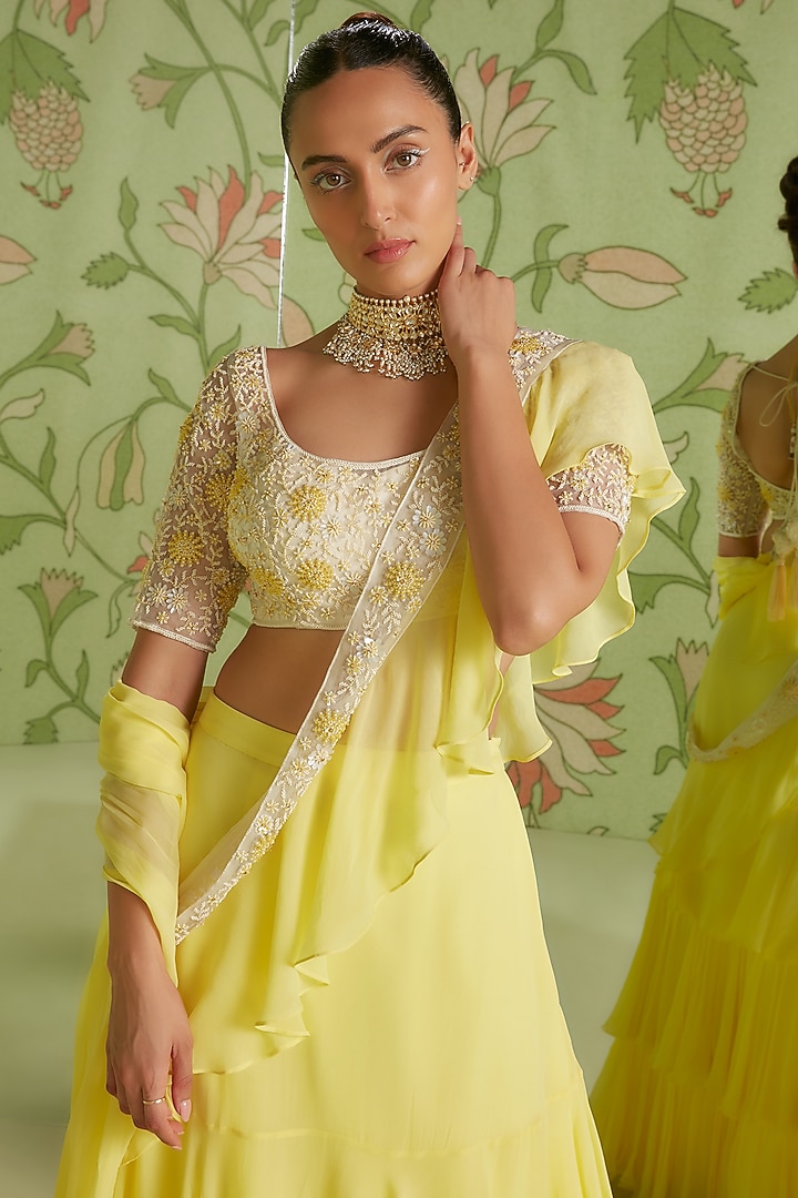 Daffodil Yellow Georgette Ruffled Pre-Draped Wedding Saree Set by Sanjev Marwaaha at Pernia's Pop Up Shop