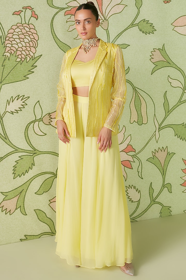 Daffodil Yellow Embroidered Jacket Set by Sanjev Marwaaha