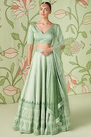 Sage Green Embroidered Lehenga Set by Sanjev Marwaaha