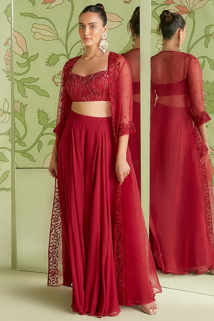 Cherry Red Embroidered Jacket Set by Sanjev Marwaaha