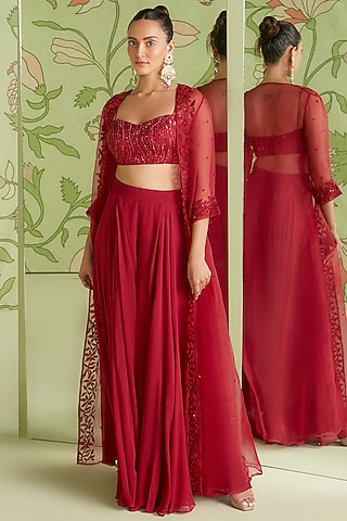 Cherry Red Embroidered Jacket Set by Sanjev Marwaaha